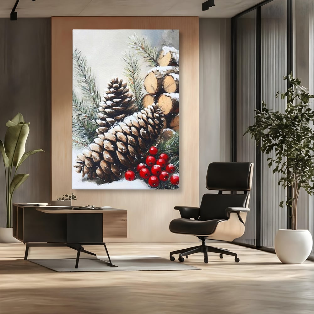 Tablou canvas cu pictura cu conuri de brad si bobite rosii, fara rama, pe sasiu de lemn, pe perete intr-un birou